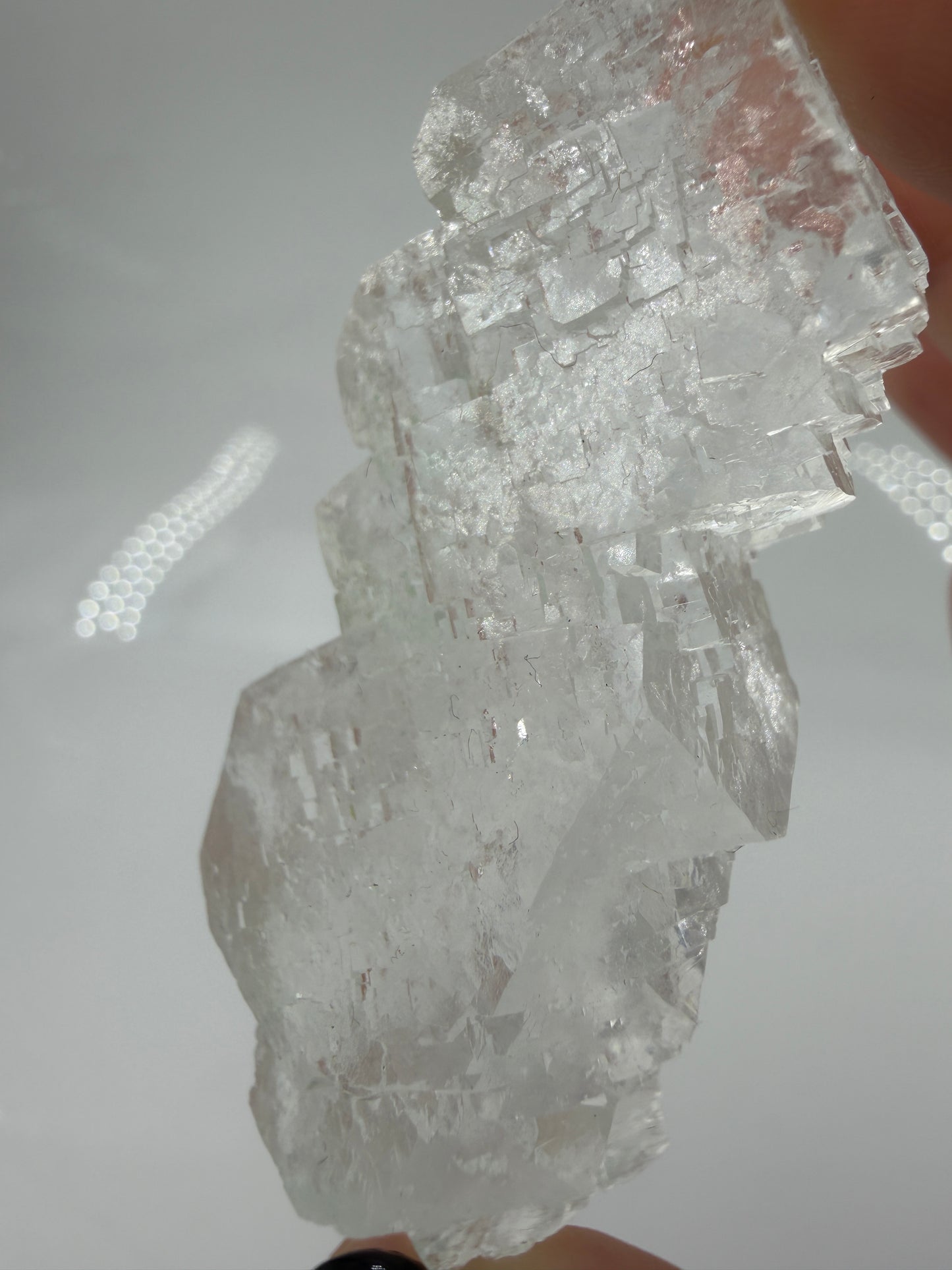 Ein glasklarer, kubischer Halit-Kristall aus der Rudna Mine mit scharfkantigen Facetten und hoher Lichtbrechung.