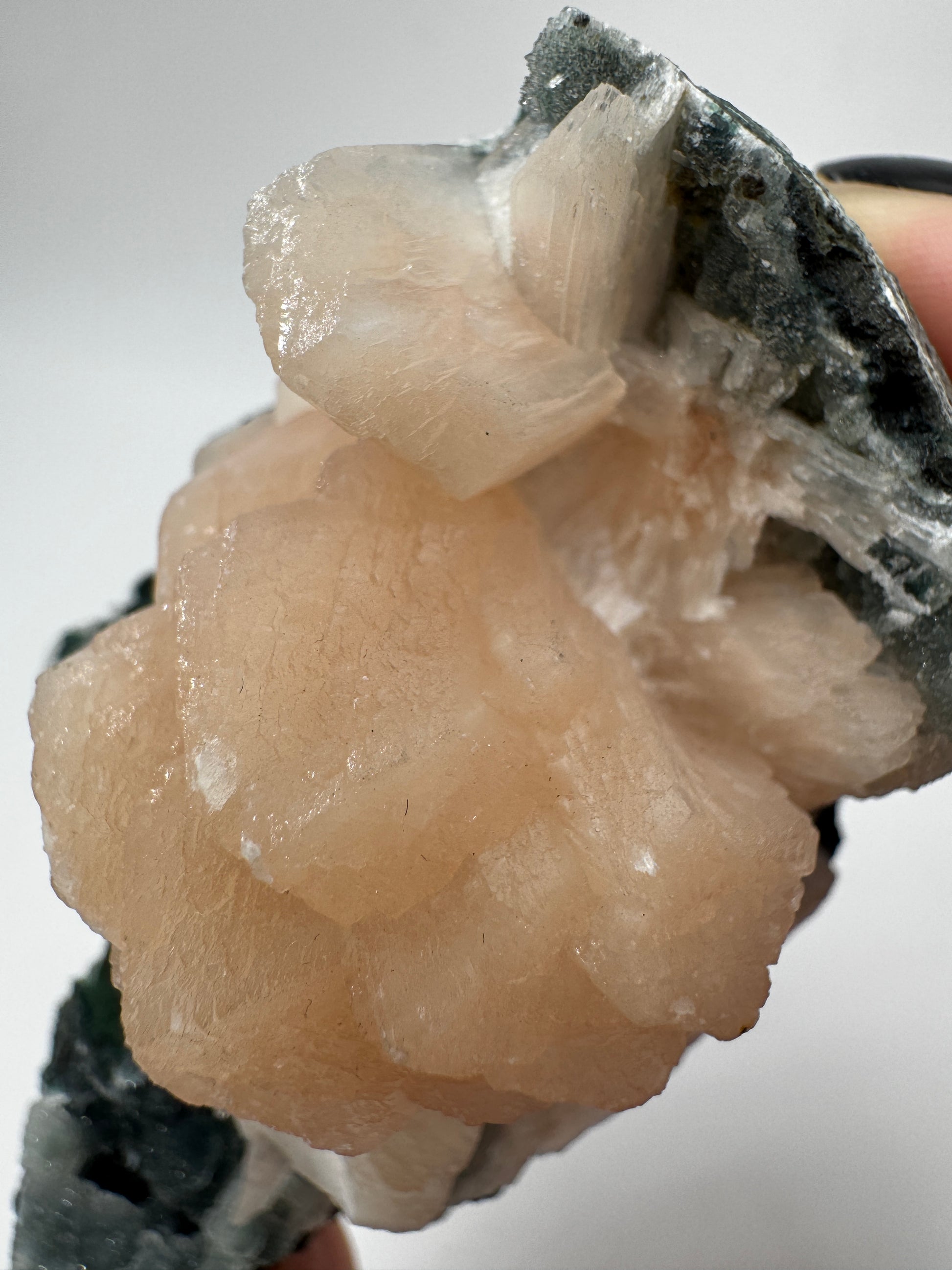 Teal-Chalcedon TC44 aus Indien mit aufgewachsenen Stilbit-Zeolith-Kristallen.