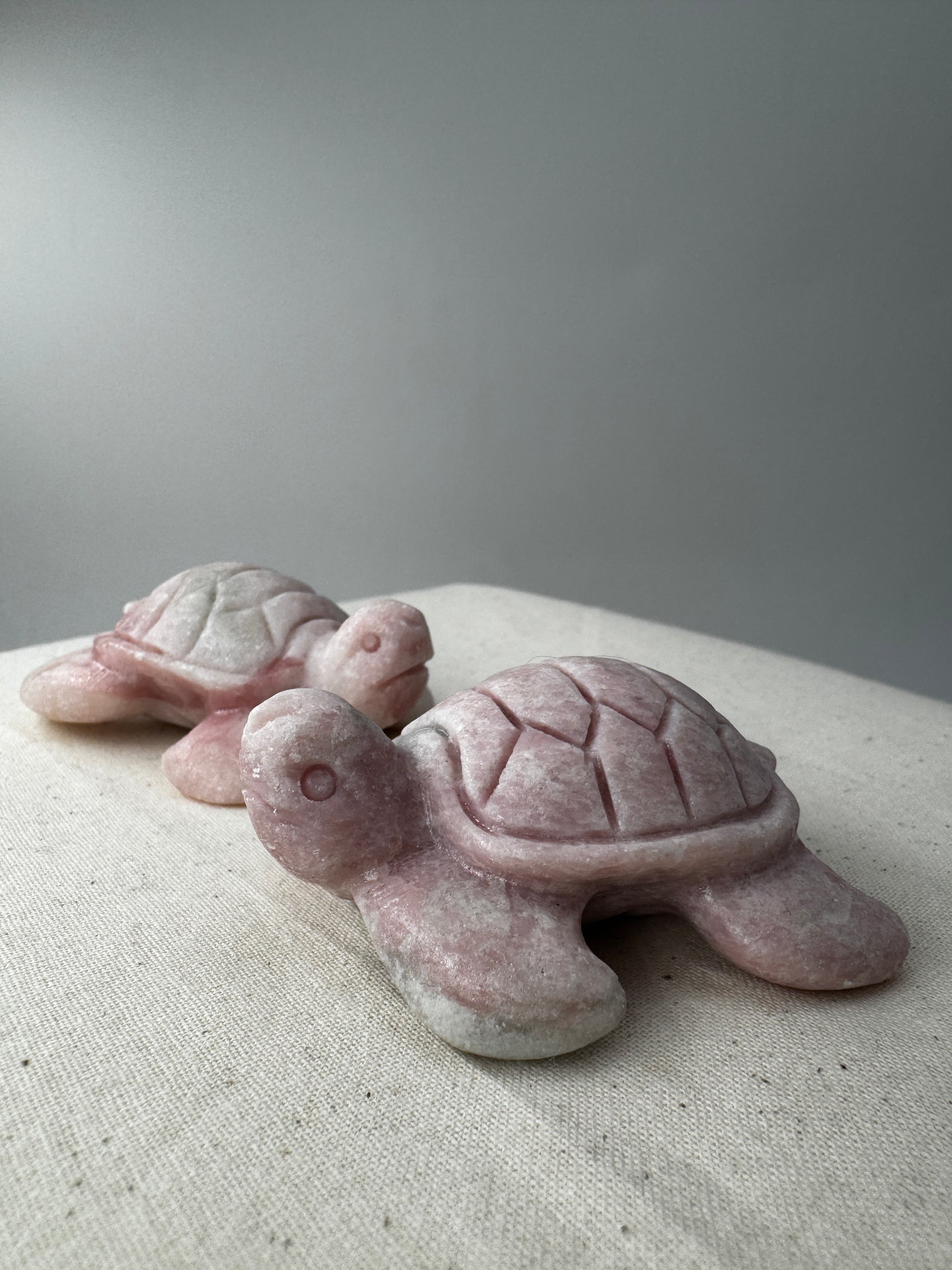 Handgeschliffene Schildkröte aus pinkem Opal PO19 mit samtiger Textur.
