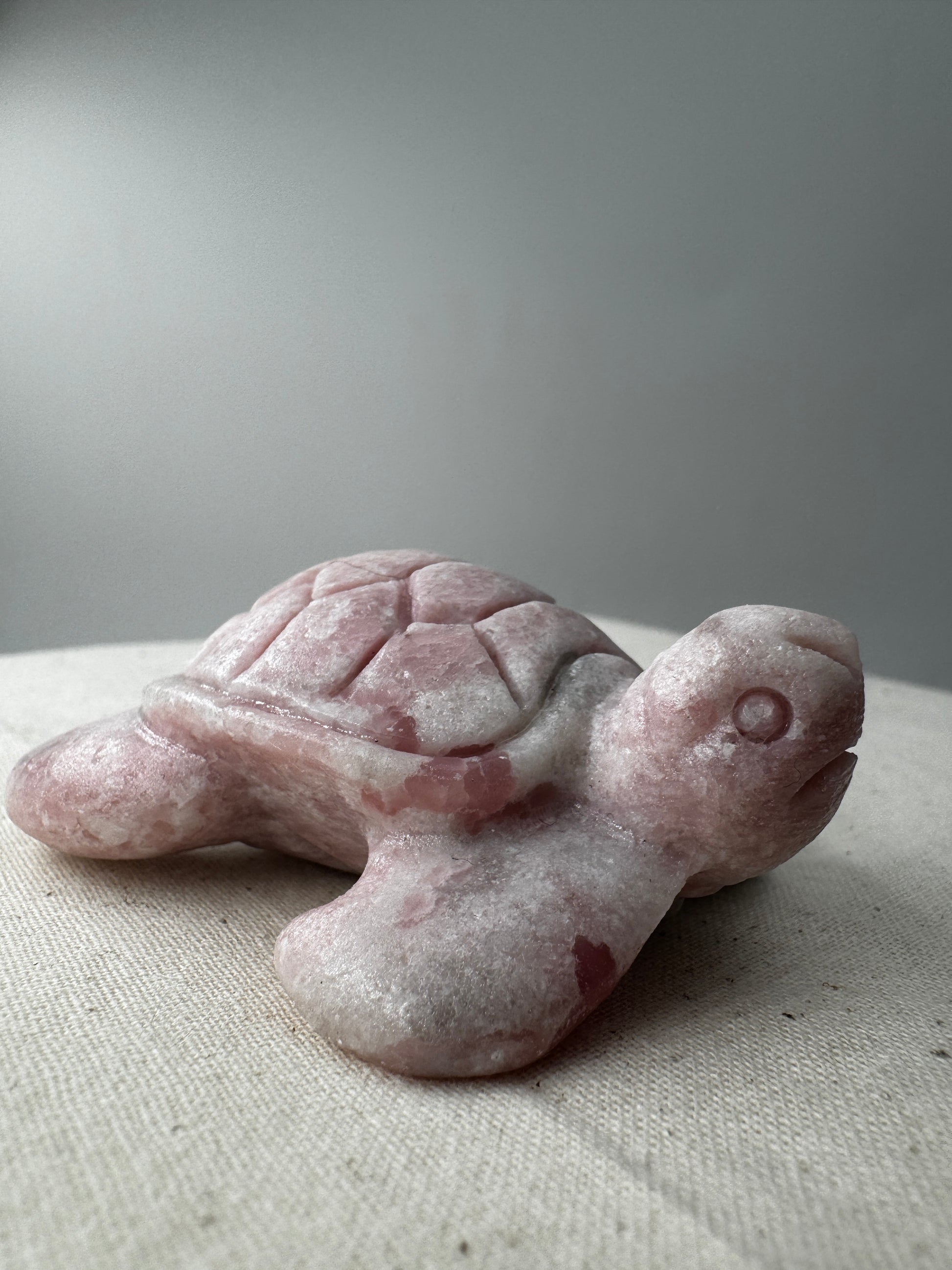 Handgeschliffene Schildkröte aus pinkem Opal PO19 mit samtiger Textur.