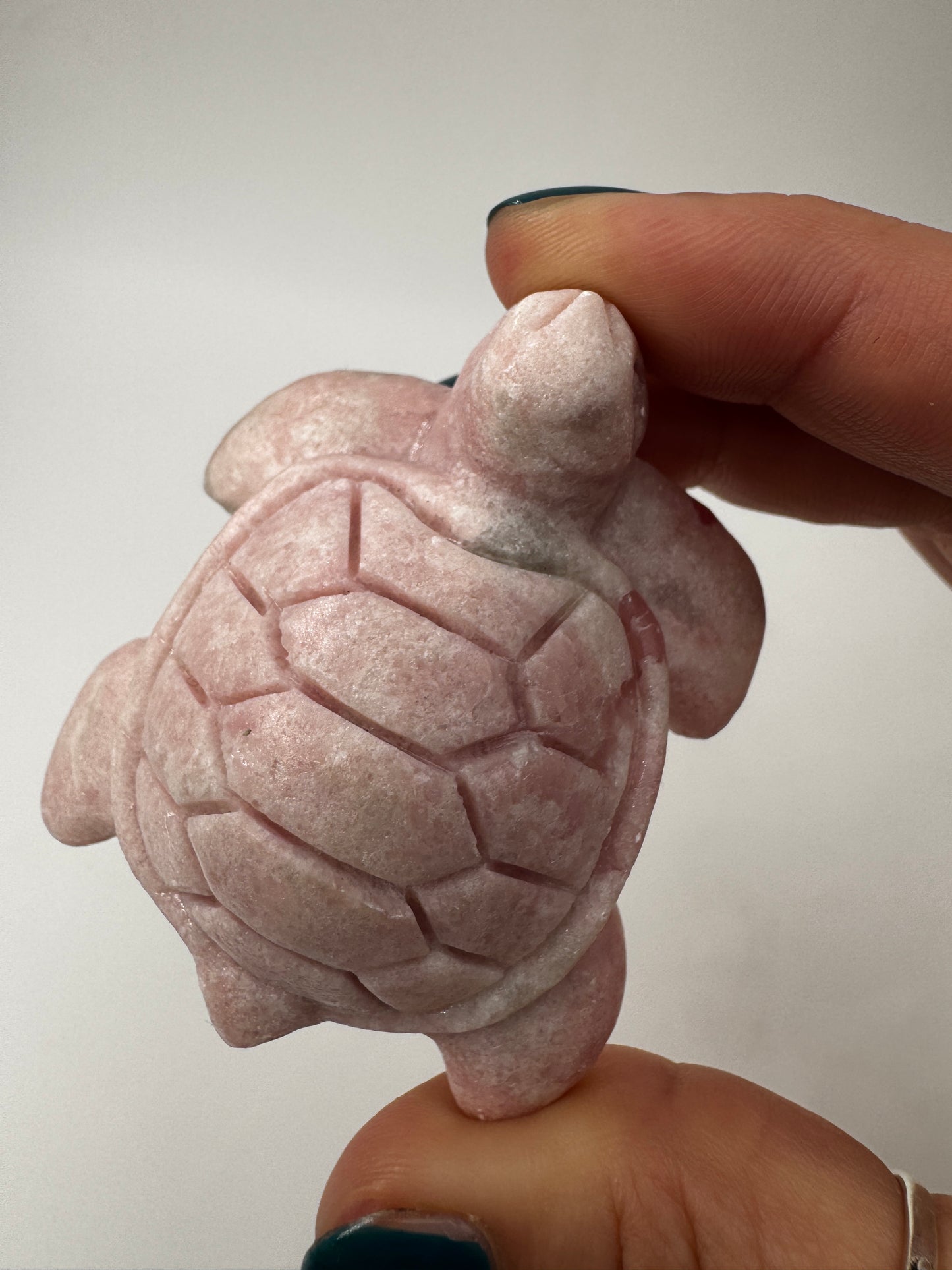 Handgeschliffene Schildkröte aus pinkem Opal PO19 mit samtiger Textur.