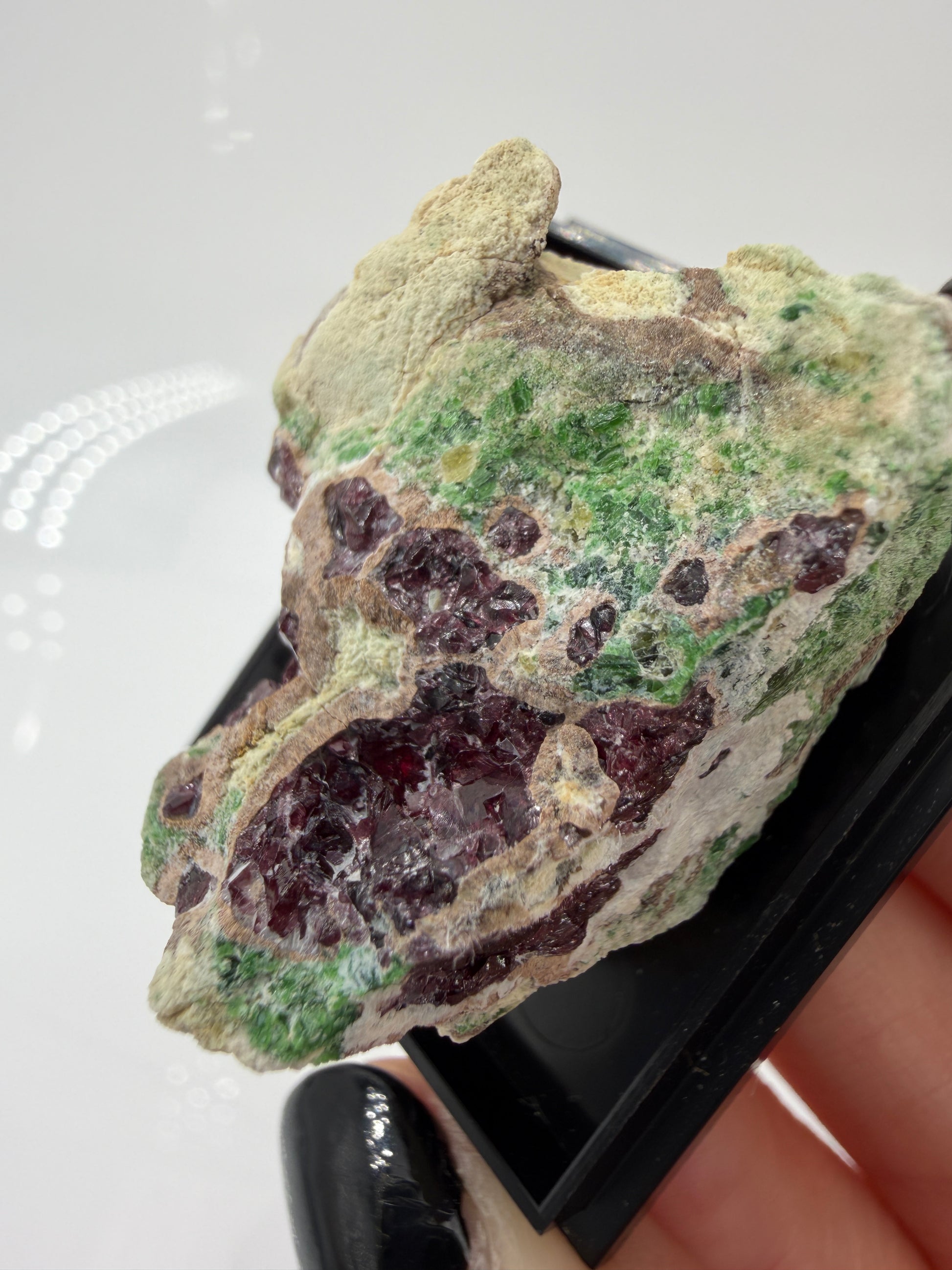 Kontrastreiches Cluster aus rotem Pyrop und grünem Chromdiopsid aus der Wanzenau, Österreich.
