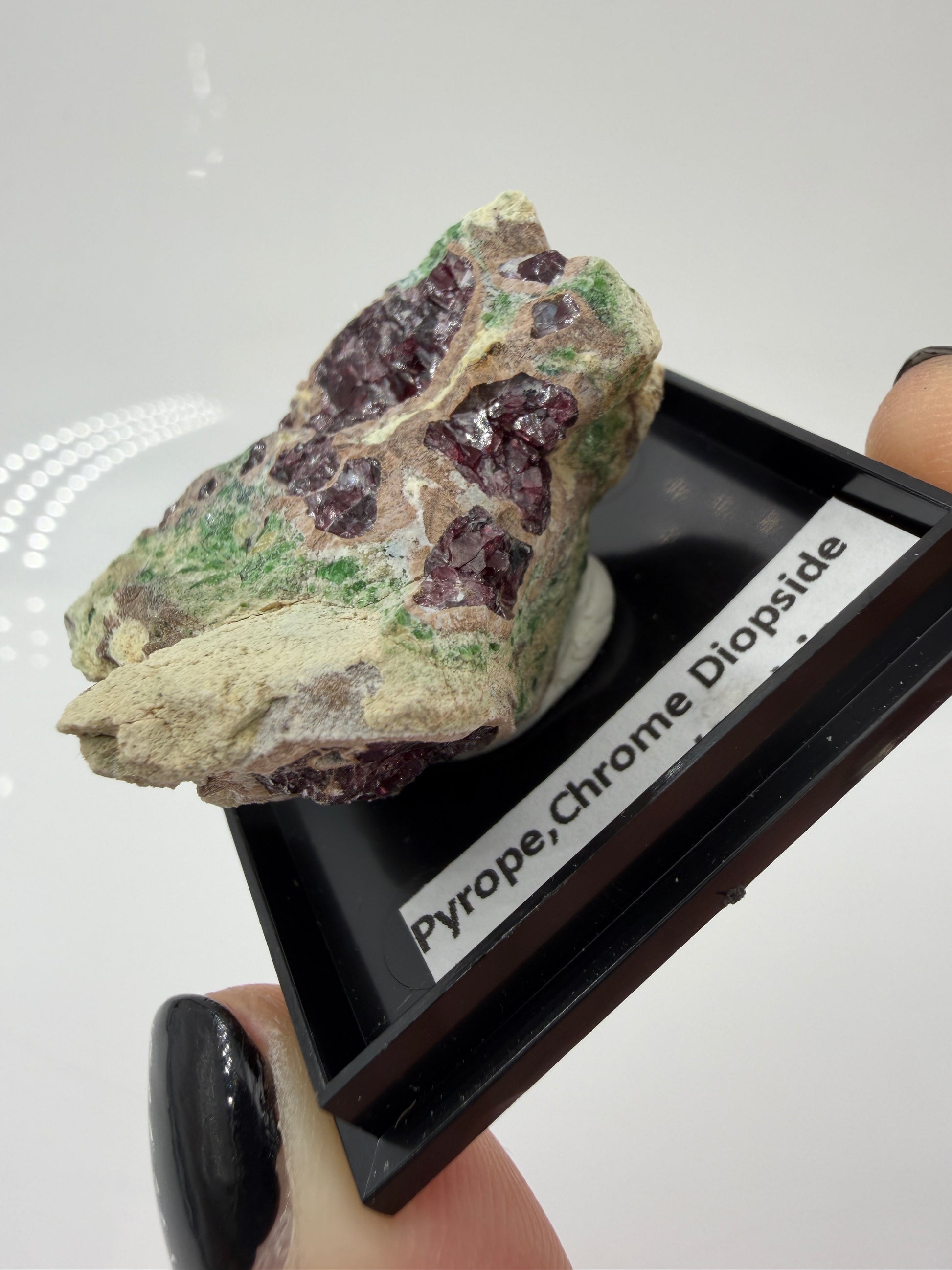 Kontrastreiches Cluster aus rotem Pyrop und grünem Chromdiopsid aus der Wanzenau, Österreich.