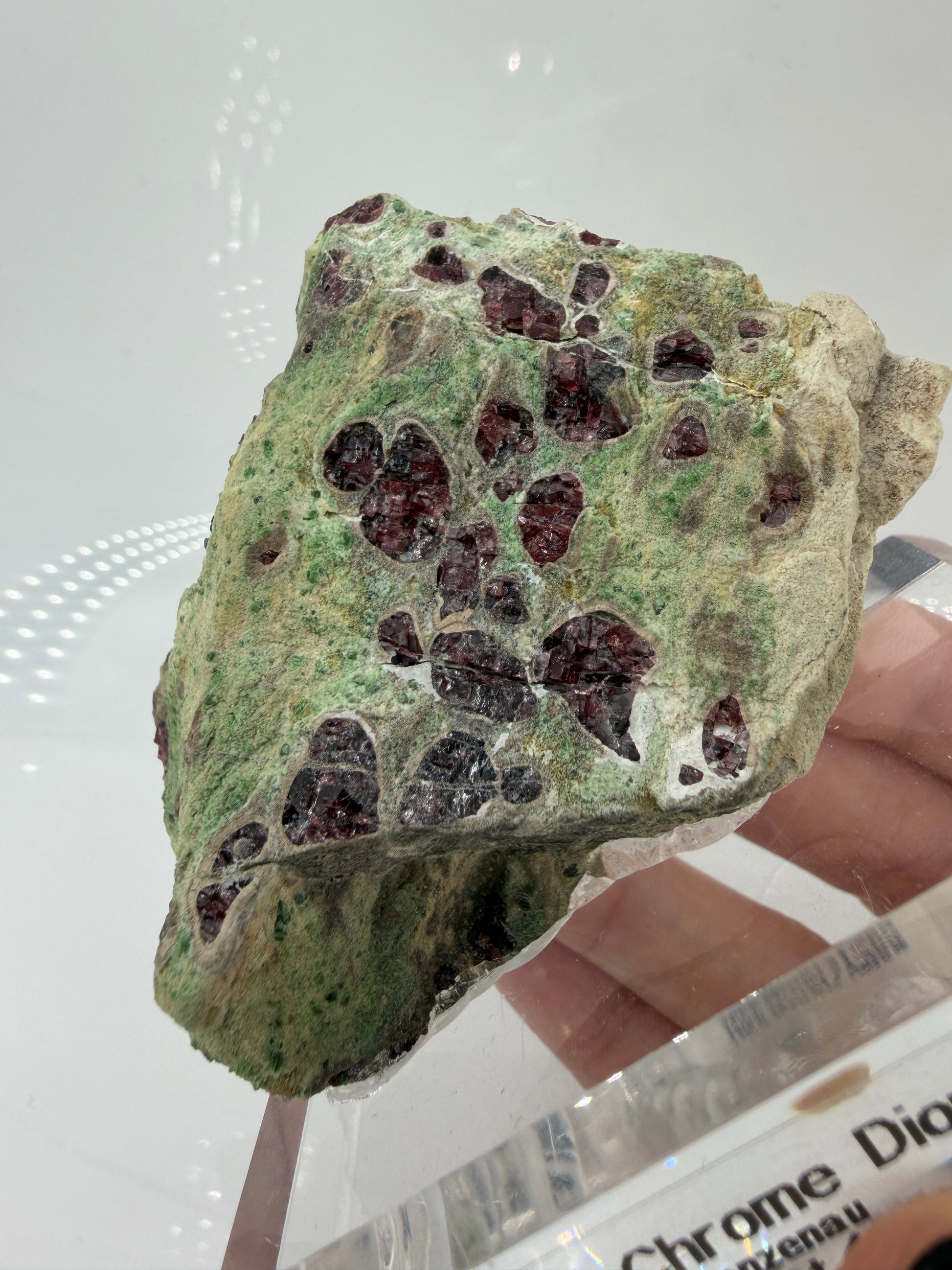 Kontrastreiches Cluster aus rotem Pyrop und grünem Chromdiopsid aus der Wanzenau, Österreich.