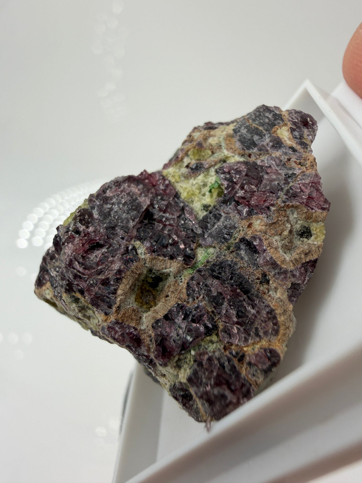Mineral-Cluster aus Pyrop-Granat und Enstatit aus der Wanzenau, Österreich, in charakteristischer Matrix.