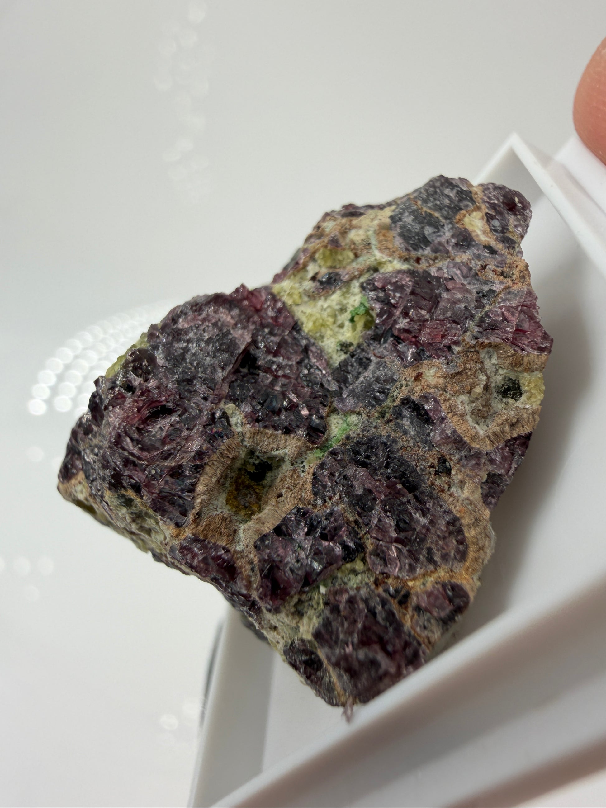 Mineral-Cluster aus Pyrop-Granat und Enstatit aus der Wanzenau, Österreich, in charakteristischer Matrix.