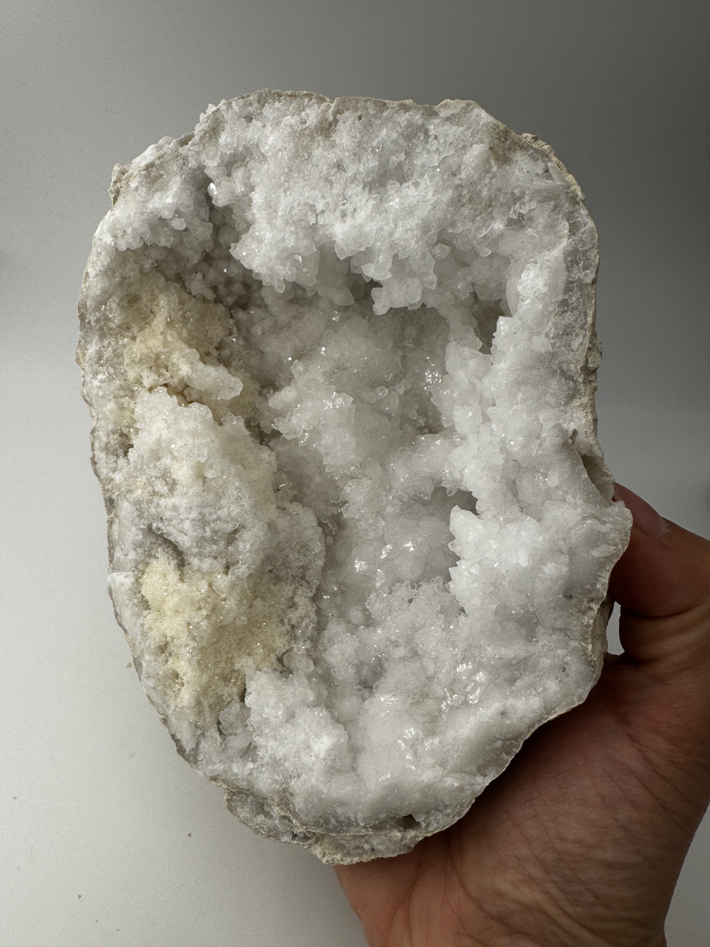 Quarzgeode QG29, 16×11 cm – natürliche Druse mit funkelnden Bergkristallen im charakteristischen Glasglanz, geologisches Einzelstück für Mineraliensammler.