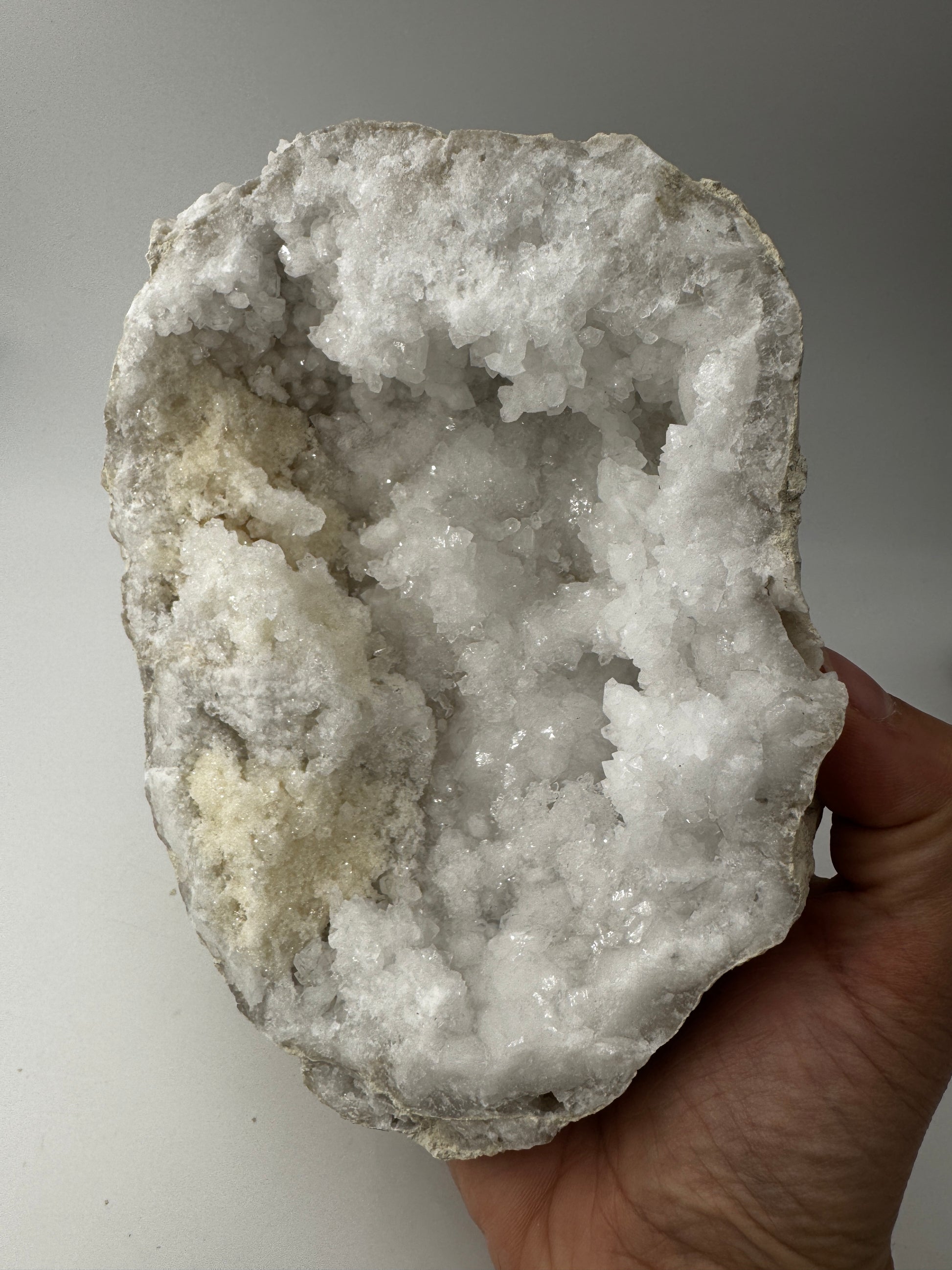 Quarzgeode QG29, 16×11 cm – natürliche Druse mit funkelnden Bergkristallen im charakteristischen Glasglanz, geologisches Einzelstück für Mineraliensammler.