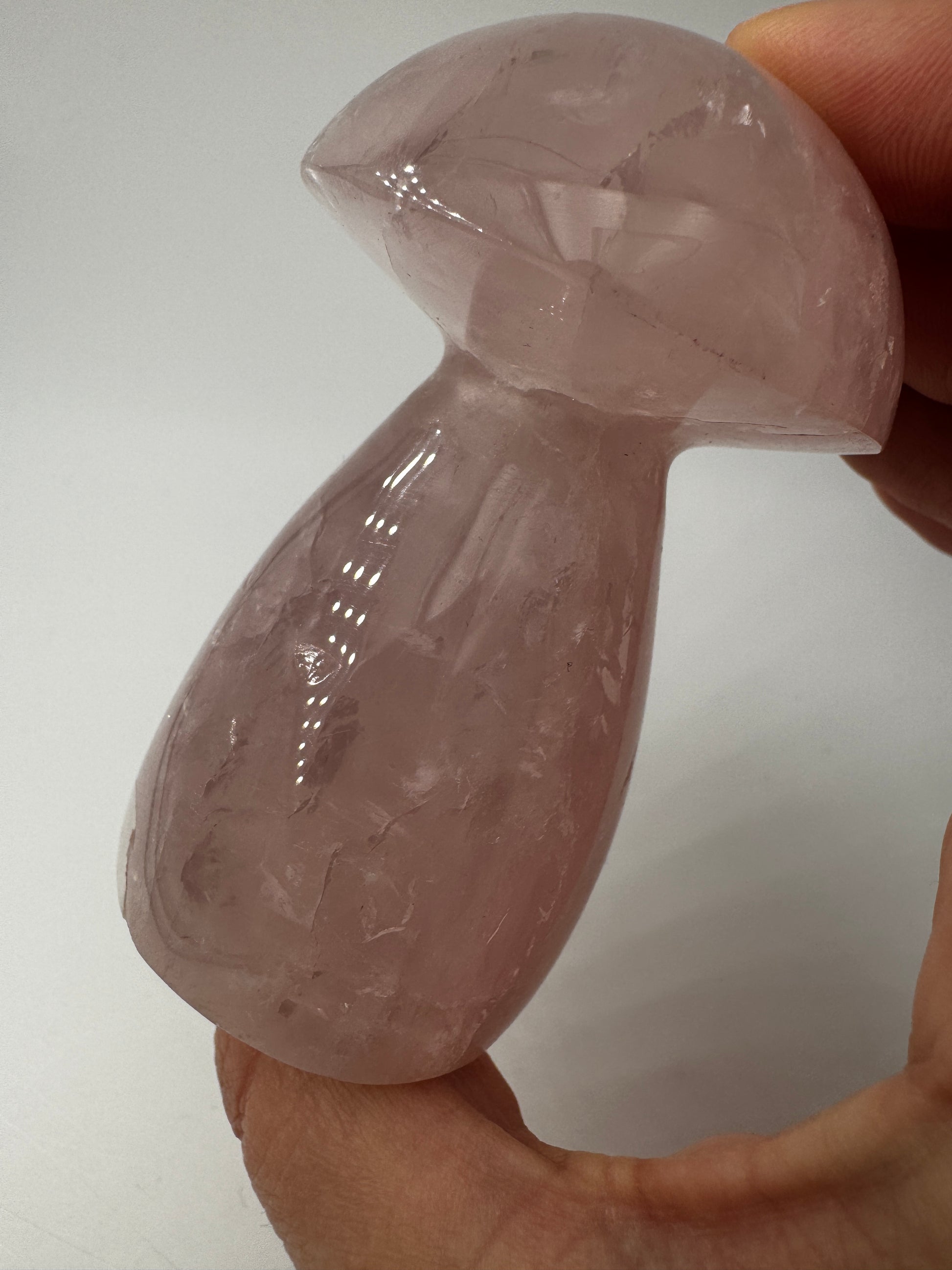 Rosenquarz-Carving RP20 in Pilzform, 7,8×4,7 cm – handgeschliffenes Mineral in warmem Rosa mit seidig-matter Oberfläche und natürlicher Transluzenz, Sammlerobjekt.