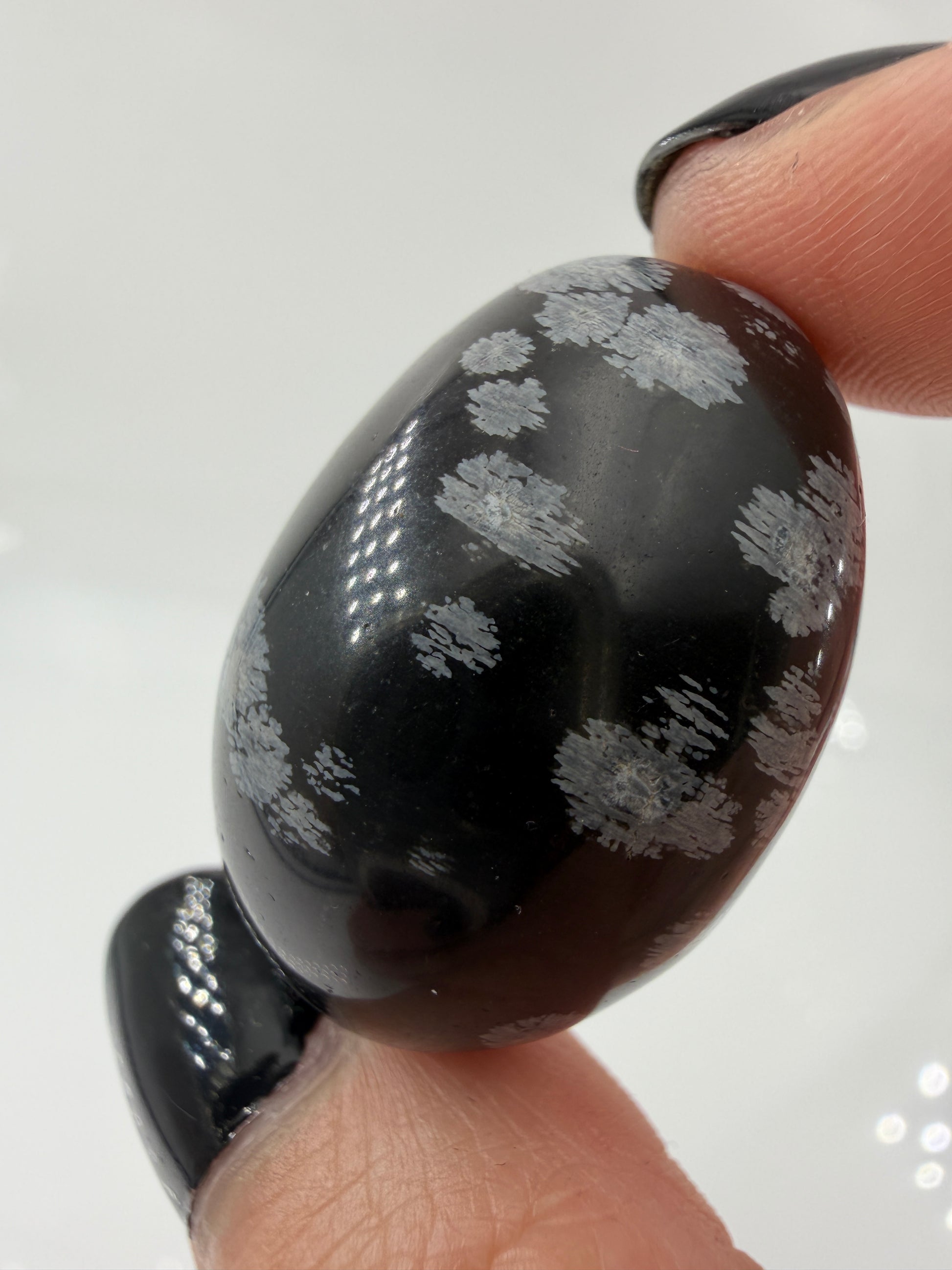 Schwarzer Obsidian mit weißen Mineraleinschlüssen zur Darstellung des typischen Glasglanzes und der glatten Trommelstein-Oberfläche.