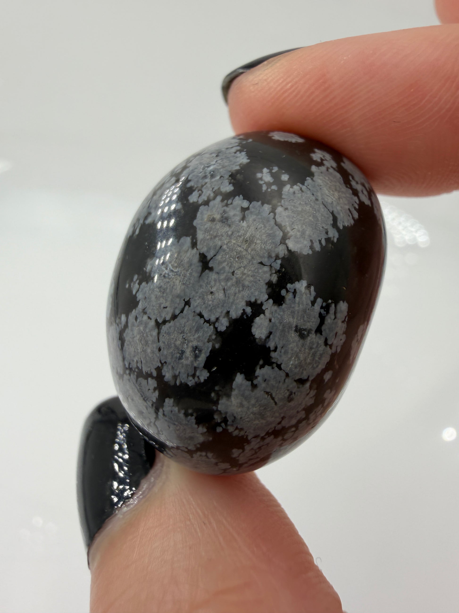Schwarzer Obsidian mit weißen Mineraleinschlüssen zur Darstellung des typischen Glasglanzes und der glatten Trommelstein-Oberfläche.