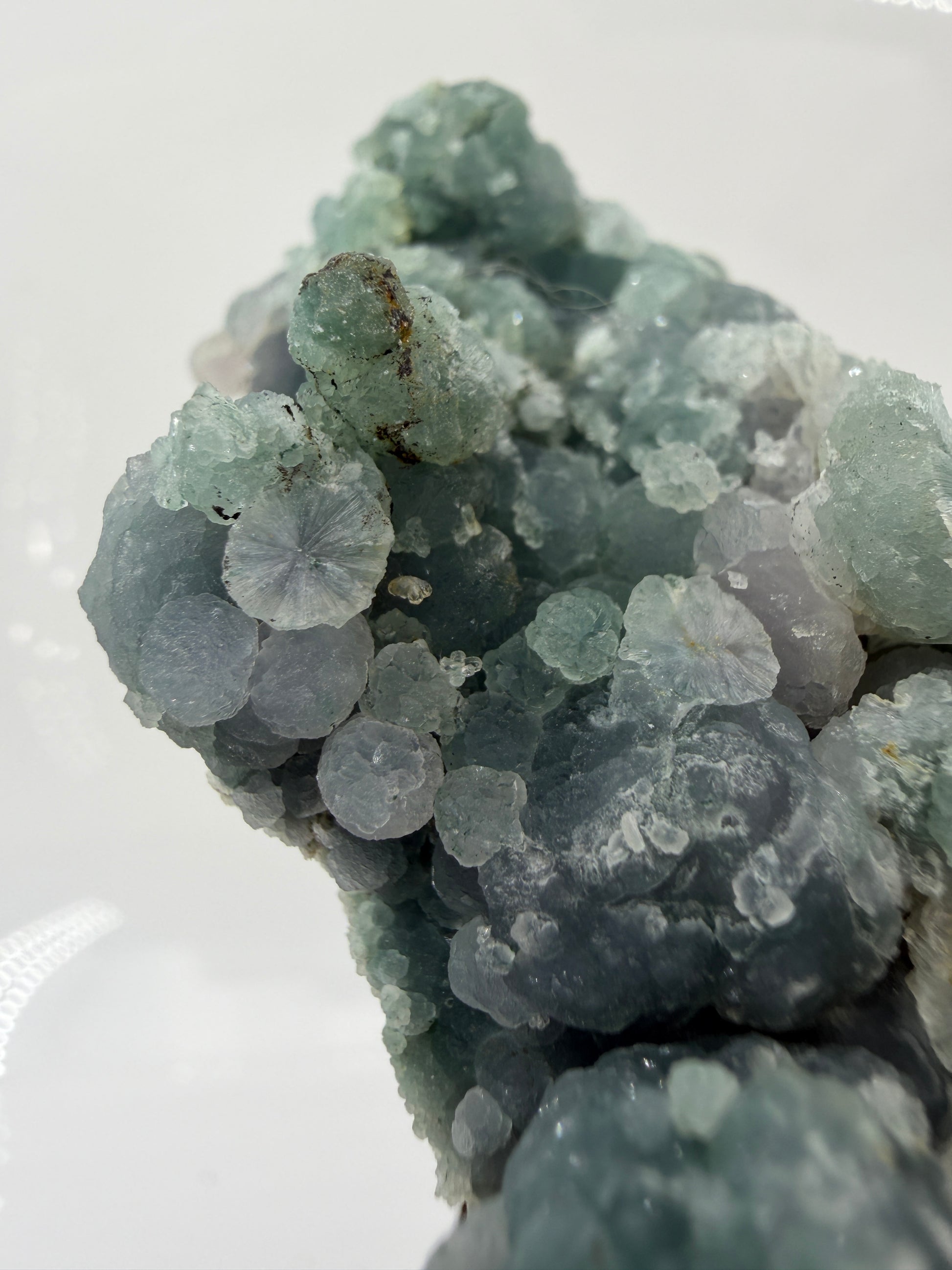 Nahaufnahme der traubenförmigen Struktur von grünem Chalcedon, zeigt den glitzernden Drusy-Quarz-Überzug auf den Sphären.