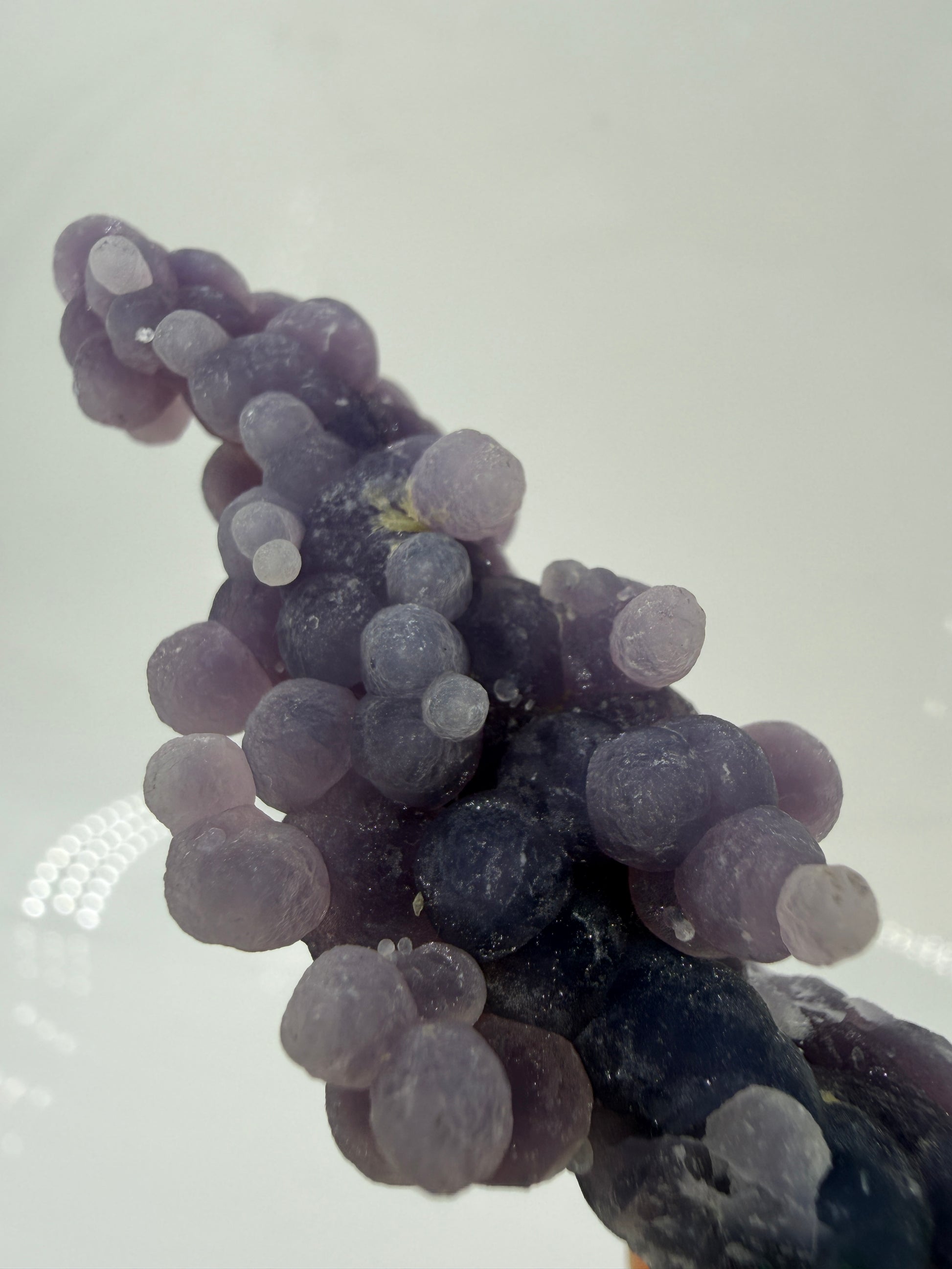 Nahaufnahme der traubenförmigen Struktur von lila Chalcedon, zeigt den glitzernden Drusy-Quarz-Überzug auf den Sphären.