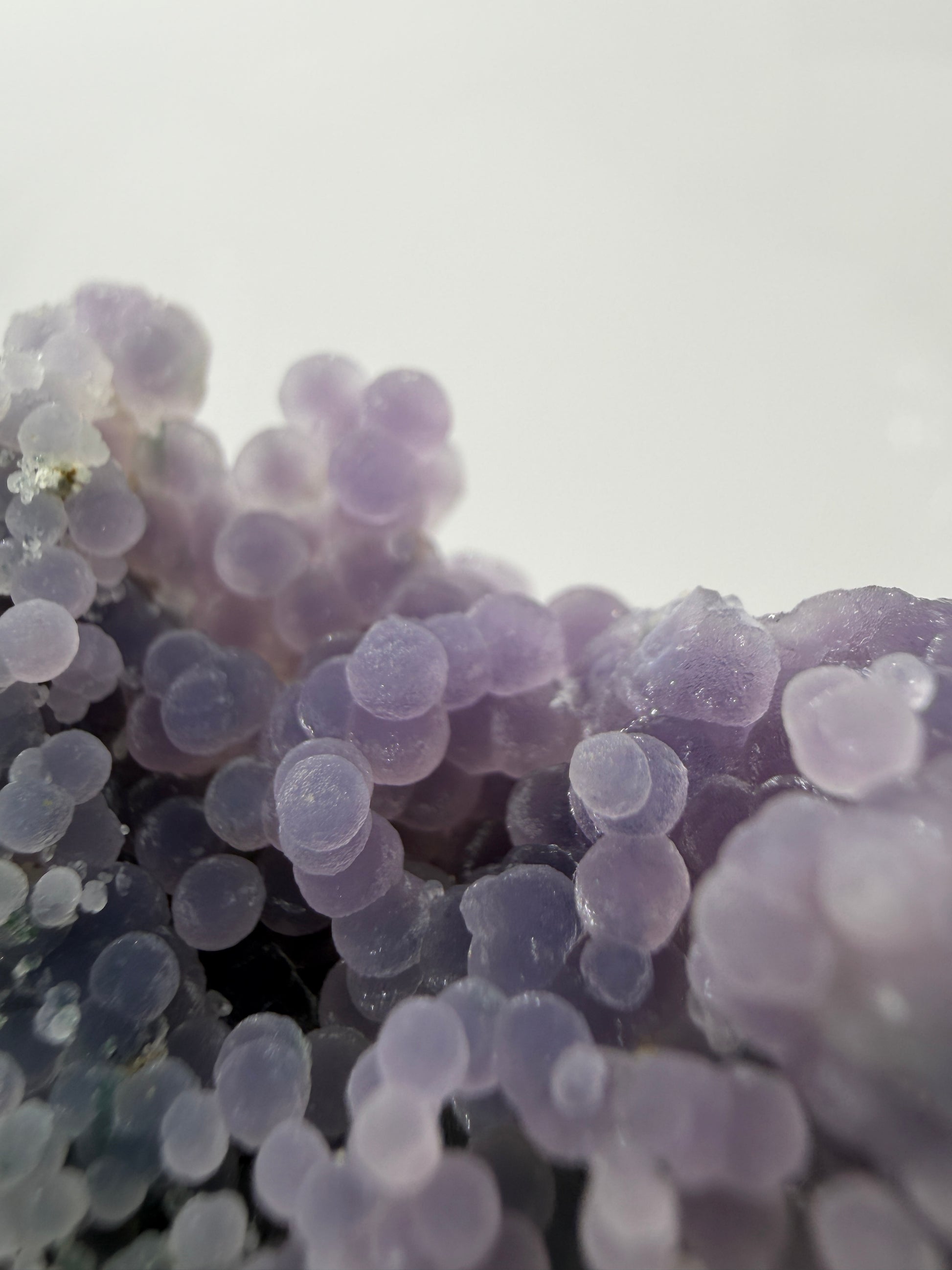 Nahaufnahme der traubenförmigen Struktur von lila Chalcedon, zeigt den glitzernden Drusy-Quarz-Überzug auf den Sphären.