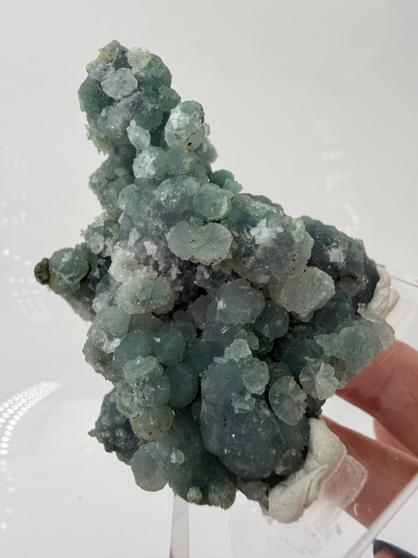 Nahaufnahme der traubenförmigen Struktur von grünem Chalcedon, zeigt den glitzernden Drusy-Quarz-Überzug auf den Sphären.
