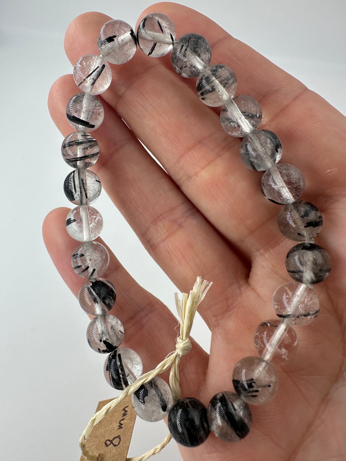 Turmalin-Quarz Armband TA19, 19 cm Umfang, 8 mm Kugeln, schwarze Schörlnadeln in klarem Bergkristall
