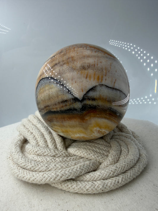 Polierte Kugel aus Versteinertem Holz mit deutlich Sichtbaren Braunen und beigen Maserungen der eigenen Holzstruktur.