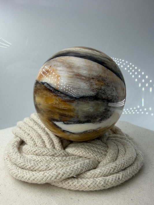 Polierte Kugel aus Versteinertem Holz mit deutlich Sichtbaren Braunen und beigen Maserungen der eigenen Holzstruktur.