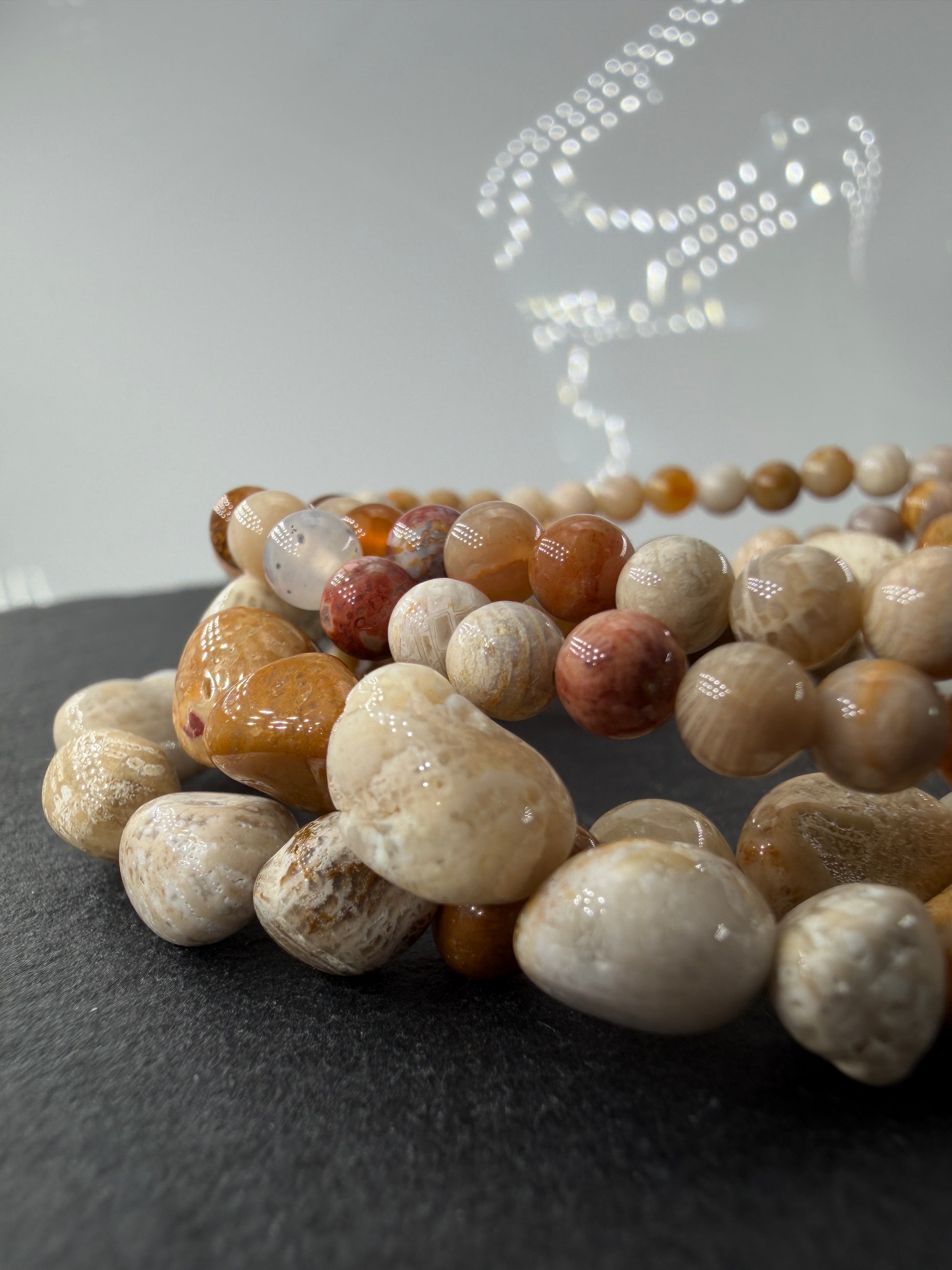 Elastisches Armbänder aus versteinerter Koralle (Petrosit) mit natürlicher Farbpalette.