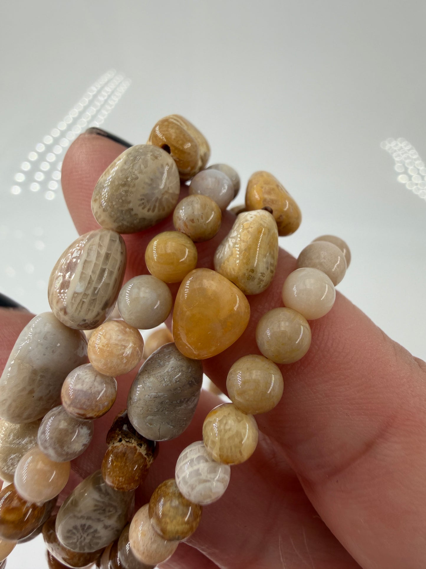 Elastisches Armbänder aus versteinerter Koralle (Petrosit) mit natürlicher Farbpalette.