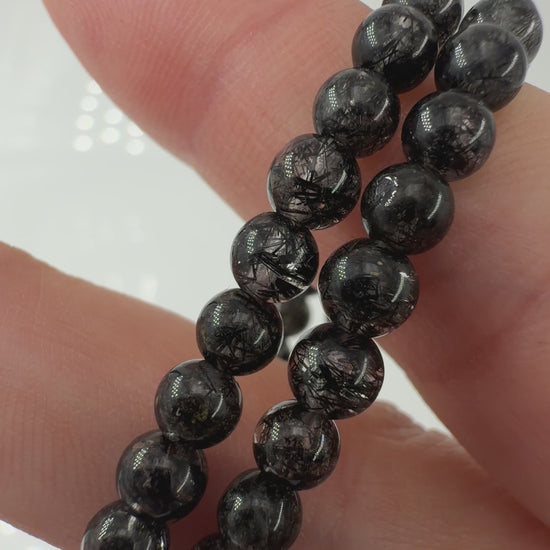 Kugelarmband aus Schwarzem Turmalin in Quarz (Schörl) SR9 – mineralogisches Unikat, 4 mm, Umfang 18 cm